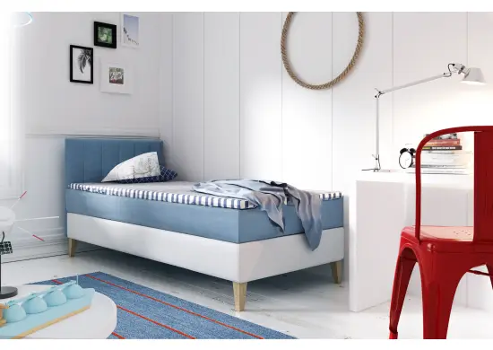 INTARO A10 pojedyncze łóżko kontynentalne z materacem 70x200, zagłowie tapicerowane z pionowymi przeszyciami, z pojemnikiem